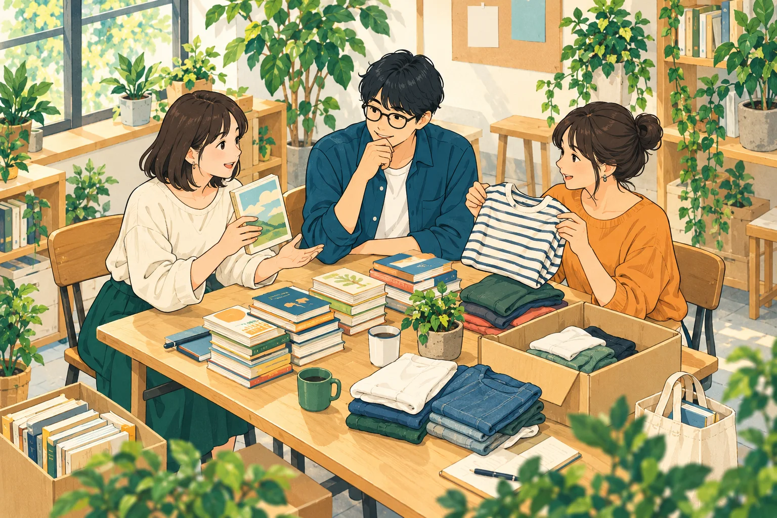本や服を持ち寄り、何を出そうか相談する企画イメージ