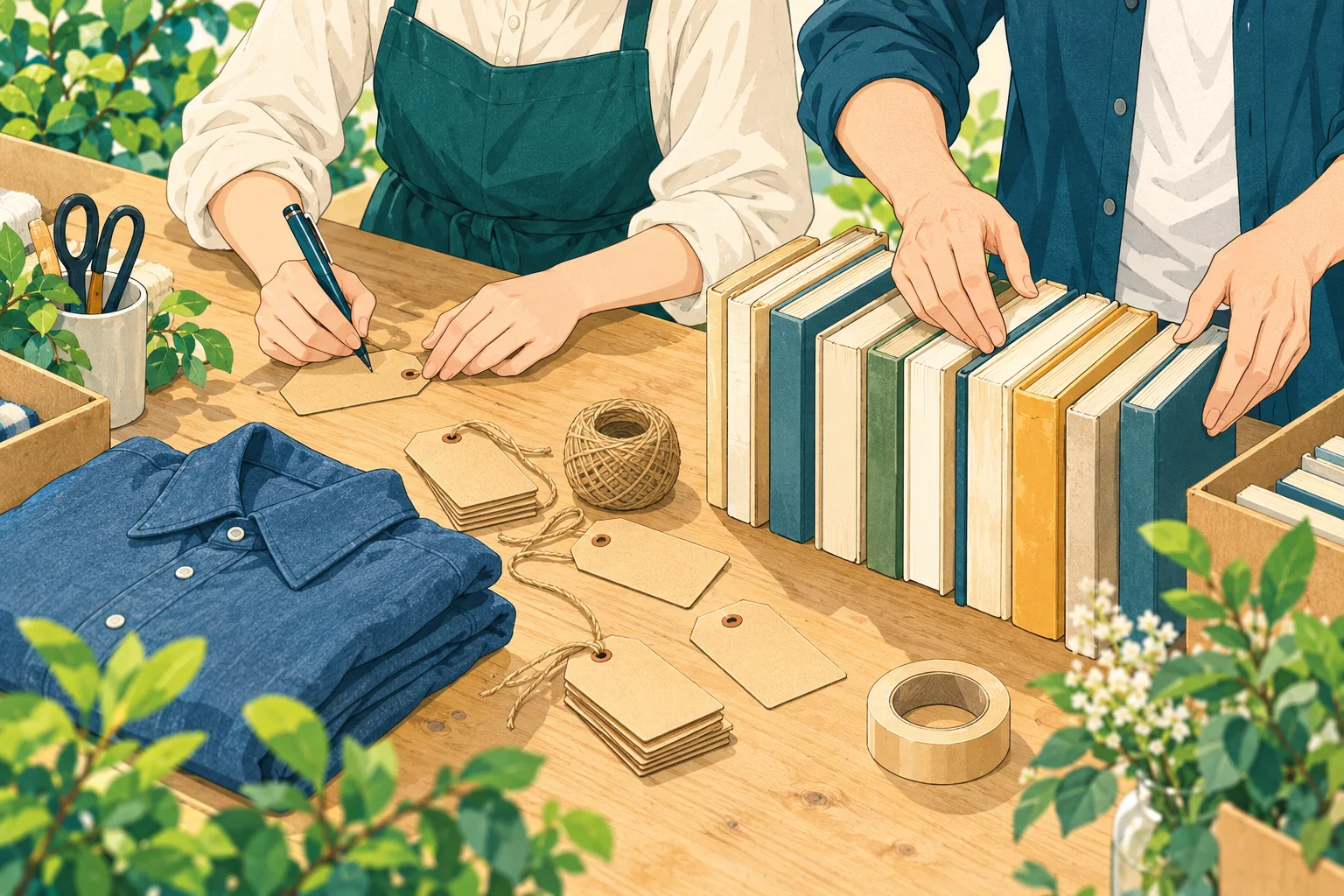 値札を書き、本を並べる準備の企画イメージ