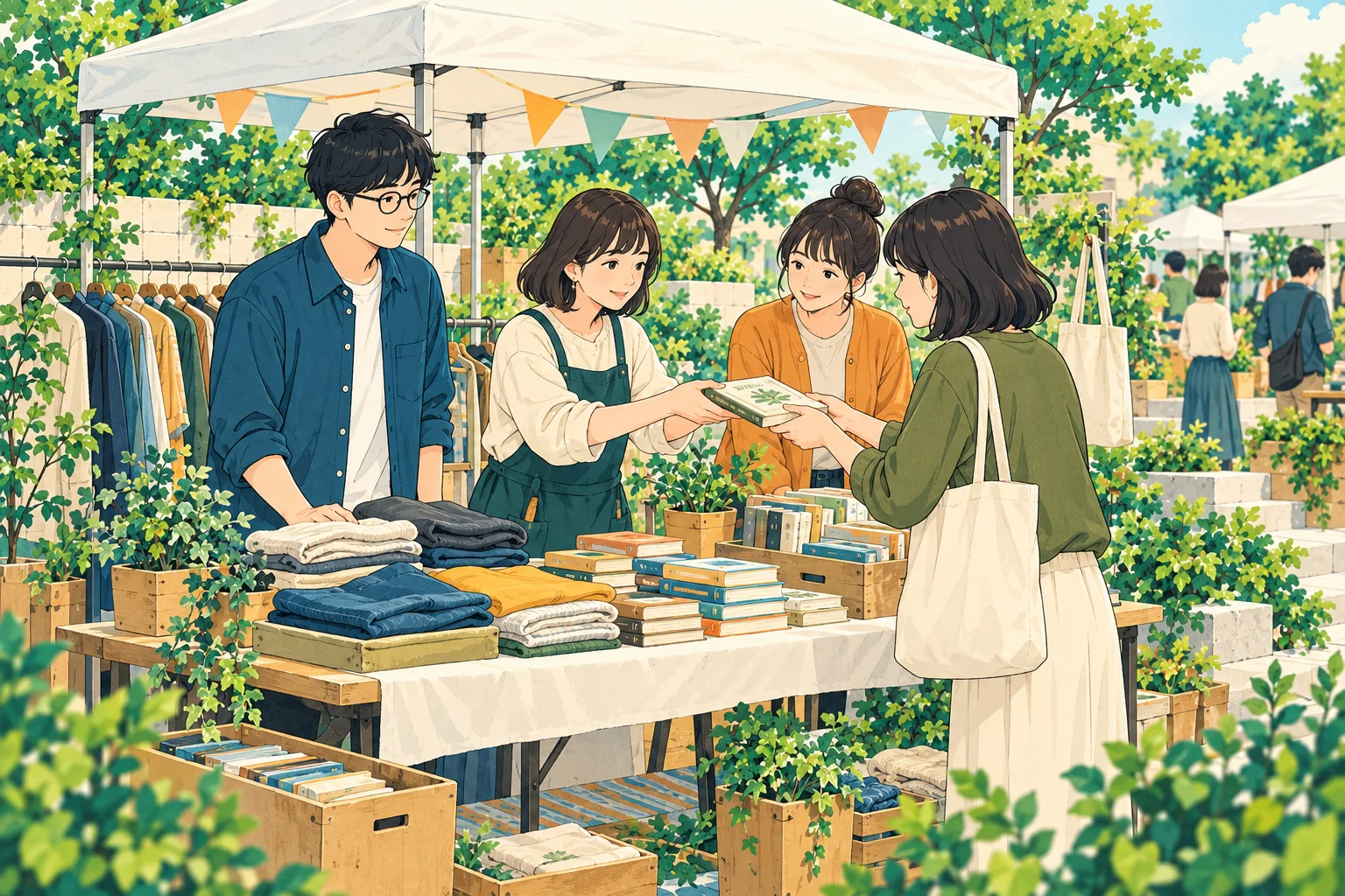 本を受け渡しながら仲間と喜ぶ企画イメージ
